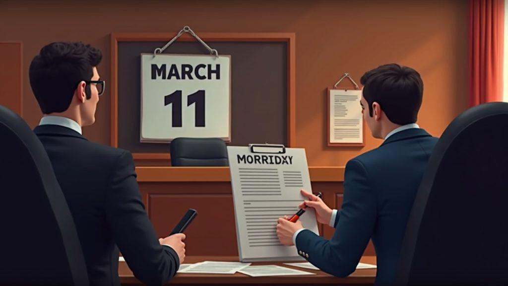 Semi-realistic courtroom scene with a judge, a lawyer filing retrial motion, a March 11, 2026 calendar, and hints of FTX payouts.