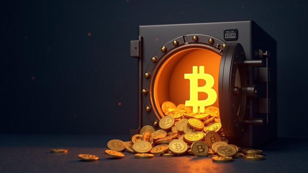 Semi-realistic vault opening to reveal 15,000 glowing BTC, symbolizing Binance SAFU converted to Bitcoin reserve.