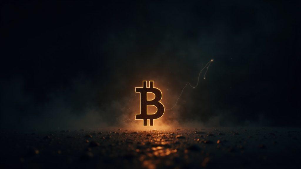Realistic Bitcoin symbol rising from a dark market scene, with a subtle uptrend line and a faint extreme fear gauge.