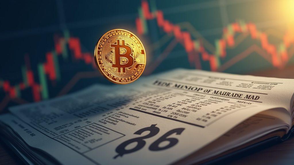 Bitcoin hovering near 66k with a hawk shadow from Fed minutes and a subtle dollar glow in a newsroom-style scene.