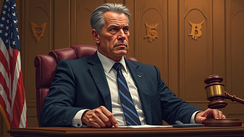 Semi-realistic courtroom scene: somber crypto CEO, Bitcoin motifs, and a judge's gavel.