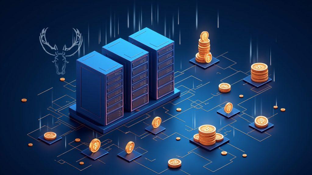 Semi-realistic Bitdeer data center expansion with server racks, cooling, and faded Bitcoin icons.