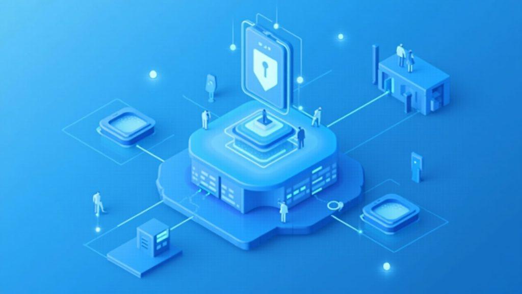 Semi-realistic illustration of a secure data hub centralizing validator networks into staking, with NAV cues, in blue tones.