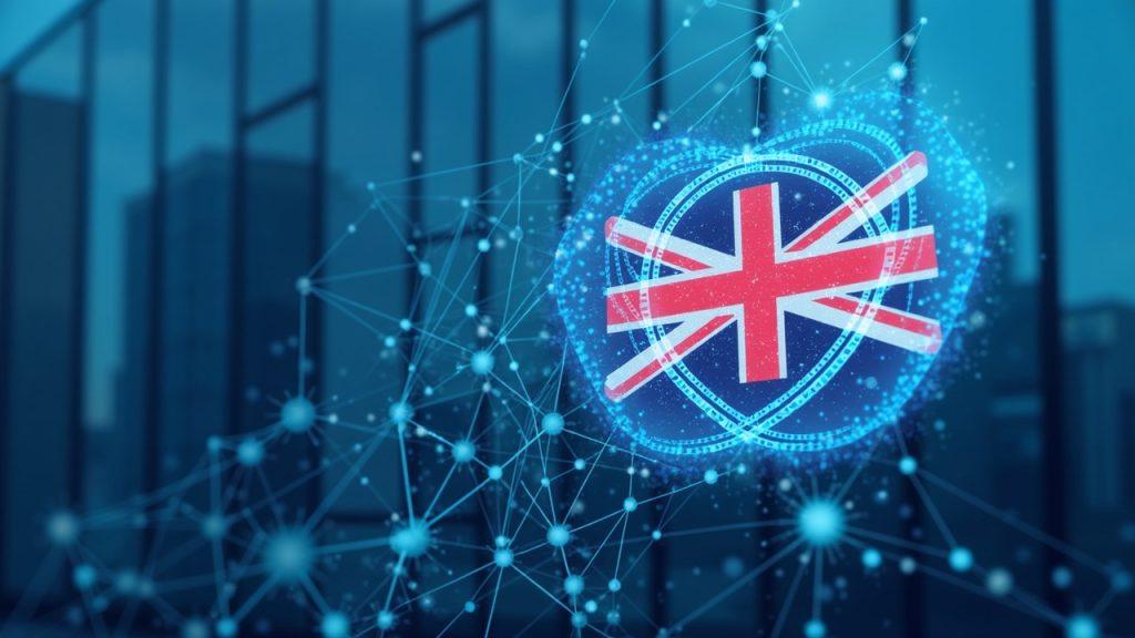 Semi-realistic illustration of a modern financial hub with a glass building, blockchain nodes, UK flag, and an FCA shield.