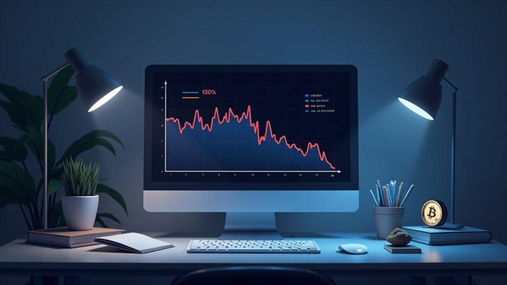 Semi-realistic crypto fund desk with a 30% drop chart and private-market/altcoin icons.