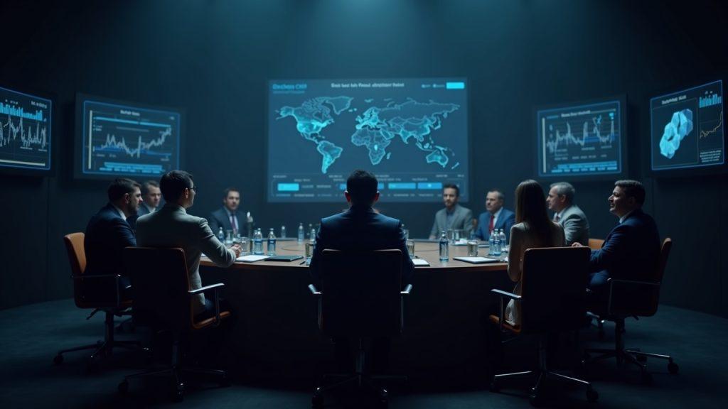 Semi-realistic boardroom scene with crypto executives at a panel table and blockchain diagrams on screens.
