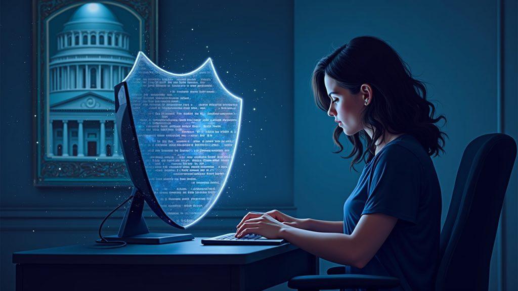 Software coder at a desk, code lines morph into a protective shield, with a Senate hearing backdrop.