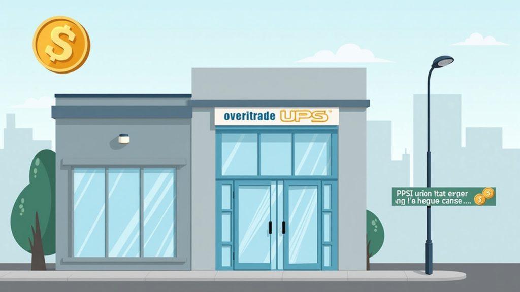 Semi-realistic illustration of a modern credit union exterior with a floating stablecoin and a PPSI-regulated subsidiary link