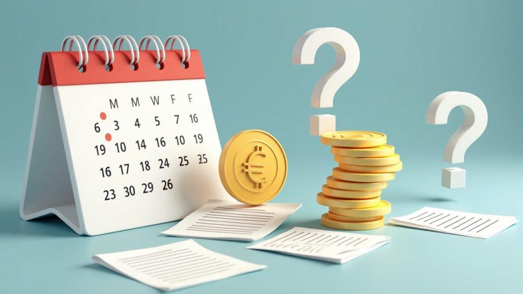 Calendar with a digital euro coin and regulatory papers, signaling timing uncertainty for policy.