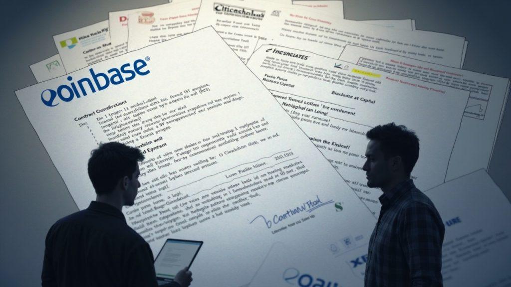 Semi-realistic header: 2014 Coinbase funding with contract papers, Coinbase logo, subtle emails, Epstein silhouette.