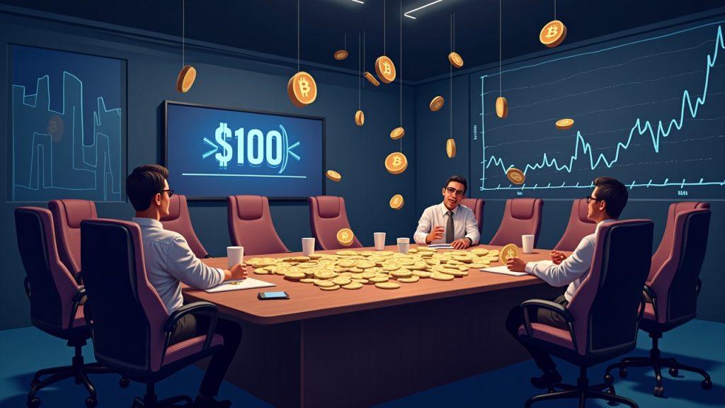 Boardroom scene with Bitcoin icons morphing into cash beside a $100M buyback chart, signaling BTC sale to fund repurchases