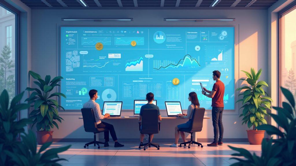 Office scene in Gelephu Mindfulness City showing a team monitoring on-chain transactions on a wall screen, with carbon credits visuals.