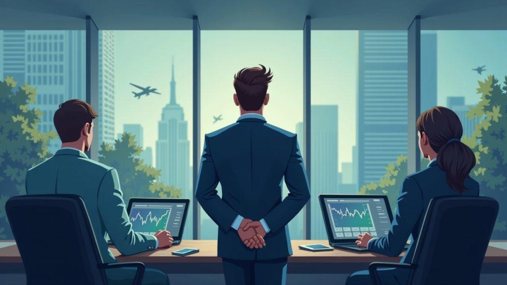 Semi-realistic crypto-executive in a modern newsroom; left shows departures, right hints at custody and markets.