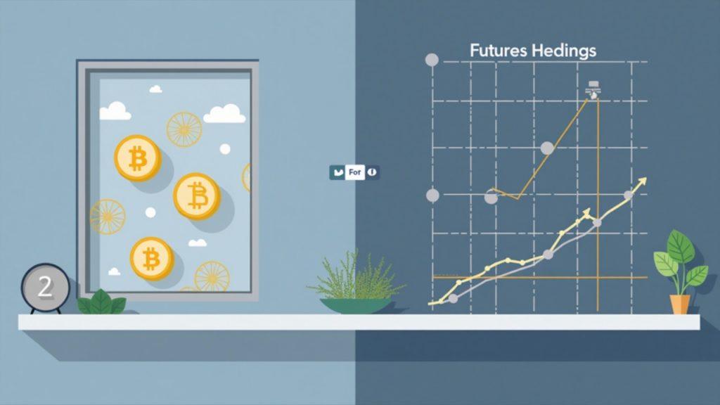 Realistic illustration of spot Bitcoin dynamics behind a grey window left and futures hedging on the right, 10 a.m. rebalance.