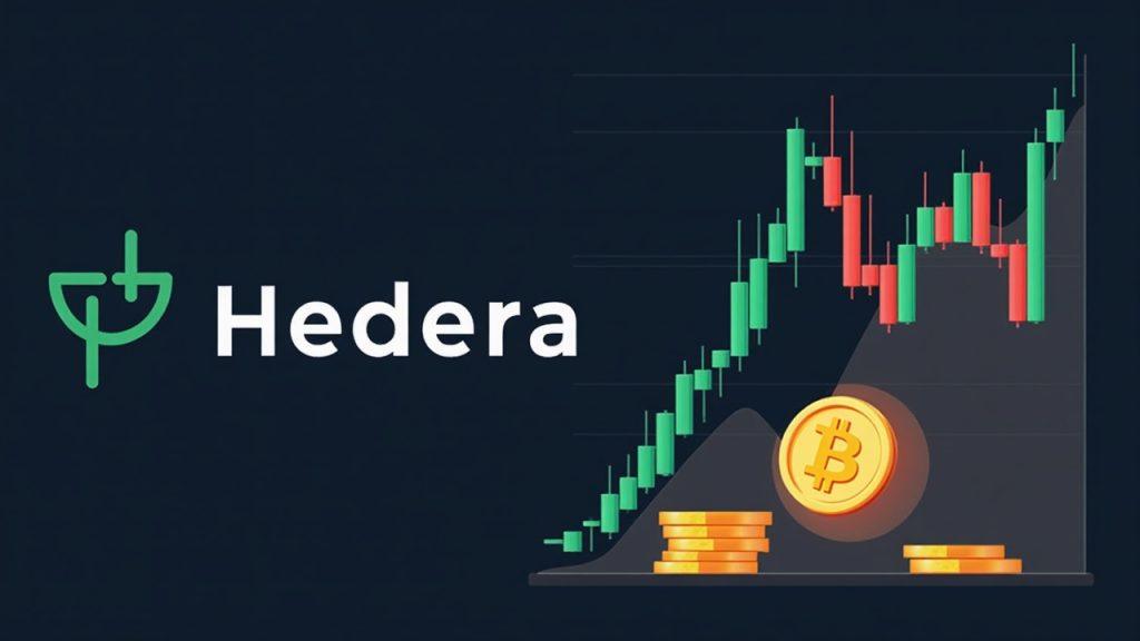 Hedera HBAR logo beside a wedge breakout chart and Bitcoin symbol signaling a potential short squeeze