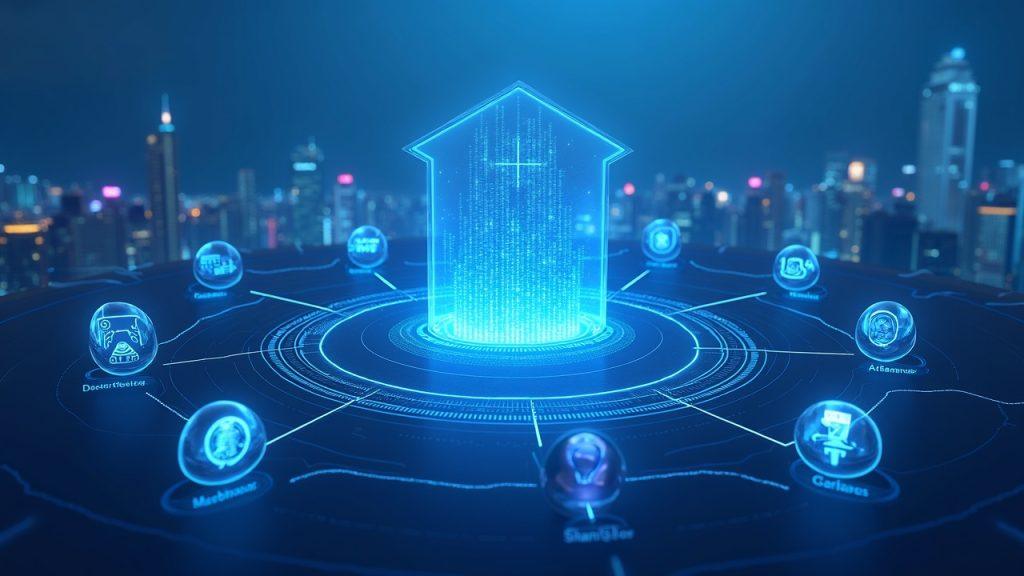 Semi-realistic illustration of CMU OmniClear hub linked to regional tokenization hubs, with 24/7 settlement and HK skyline.