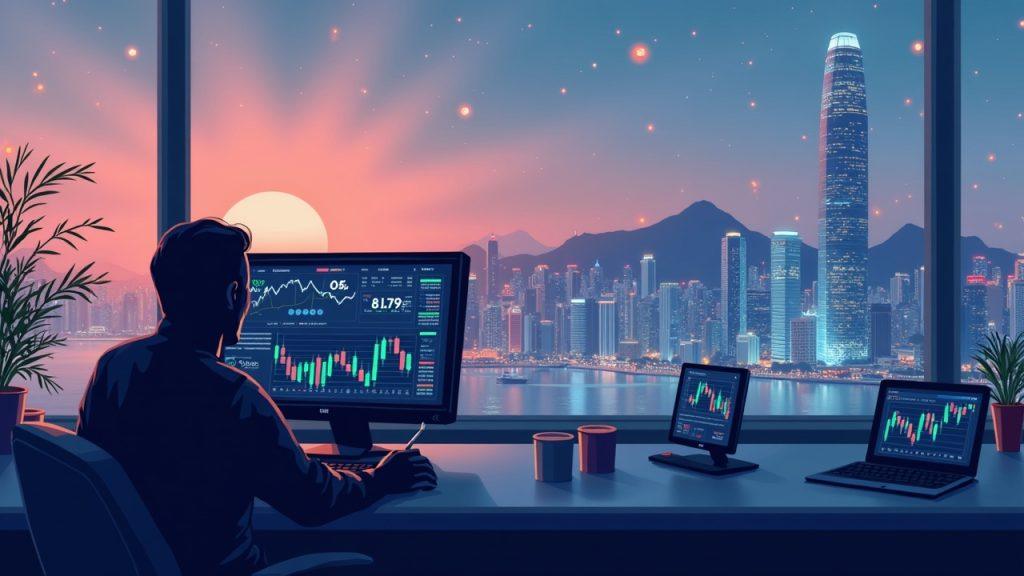 Hong Kong skyline with a crypto trading desk, BTC and ETH tickers, and a regulator silhouette signaling perpetual contracts.