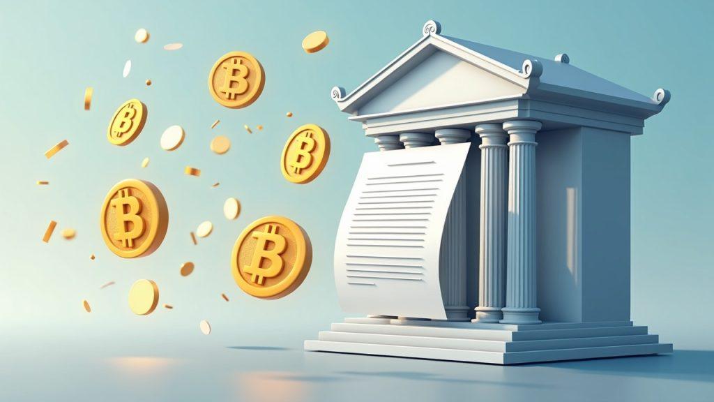 Realistic bank exterior with floating stablecoins circling a regulatory document, symbolizing banks embracing stablecoins amid a stalemate.