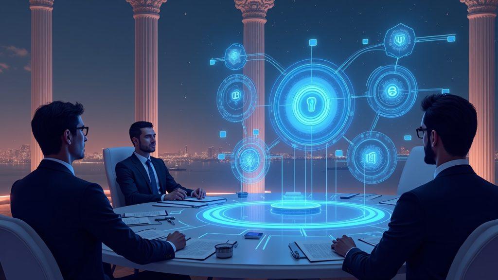 Semi-realistic Mar-a-Lago crypto forum with a Wall Street executive, a crypto leader, and a holographic tokenization flow.