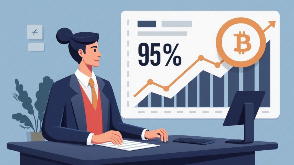 Businessperson at a desk with a Bitcoin vault icon and a chart showing 95% BTC-driven revenue and volatility cues.