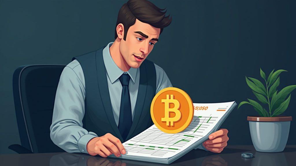 Businessman reviews a ledger with a large Bitcoin coin, illustrating MicroStrategy's accumulating buys during a market rout.