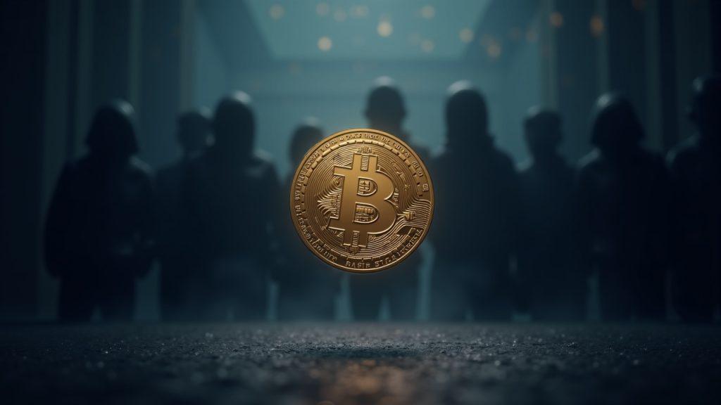 Monero coin on stage with darknet silhouettes in the background, signaling off-exchange liquidity and privacy adoption.