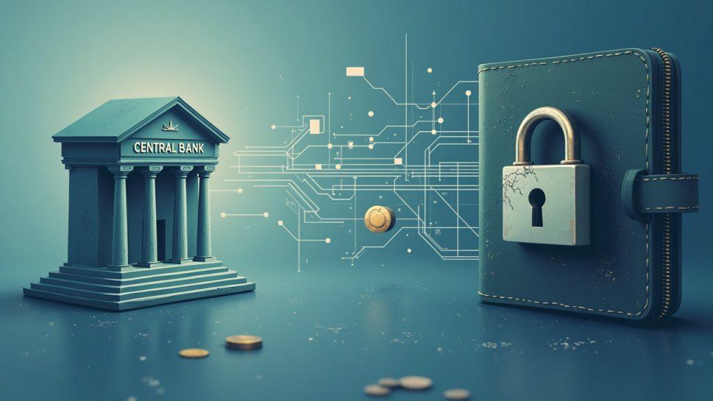 Semi-realistic central-bank illustration with programmable transaction lines to a locked wallet, cracked shield and gaze.