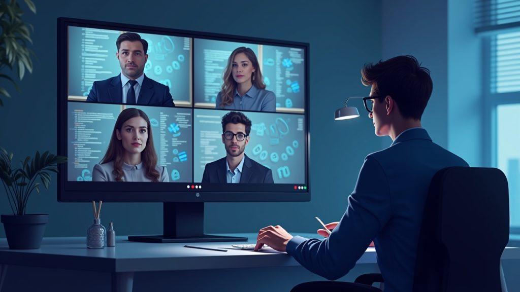 Realistic Zoom call with AI deepfake faces in a business setting, subtle crypto wallet icons in the background.