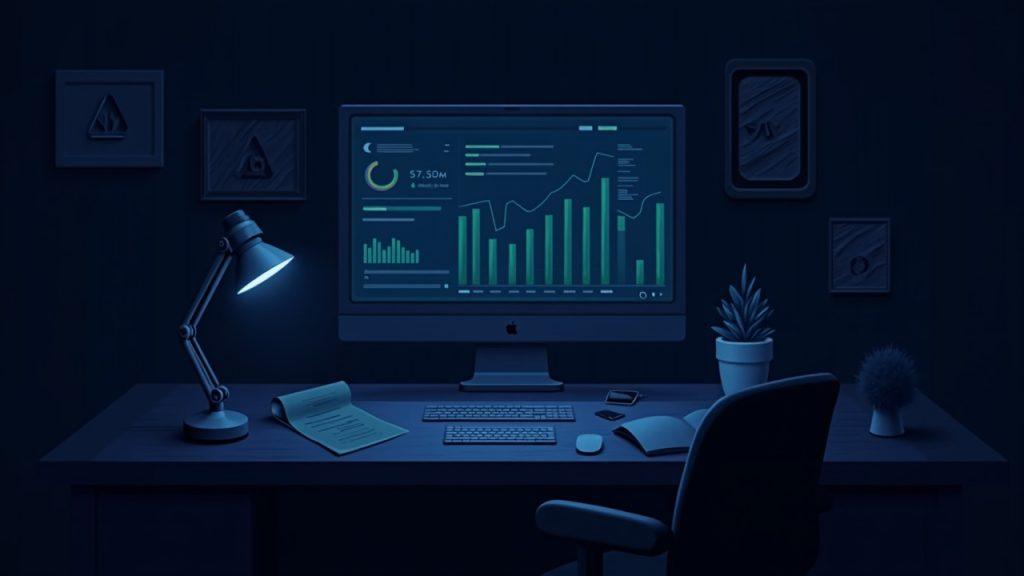 Dim crypto analytics desk with a fading Parsec monitor and down on-chain and NFT activity, signaling market contraction.