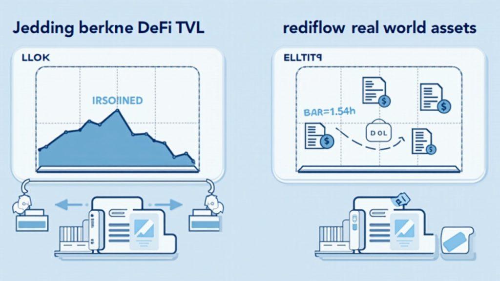 Semi-realistic custody desk: DeFi TVL declines on the left; tokenized real-world assets and custody controls on the right.