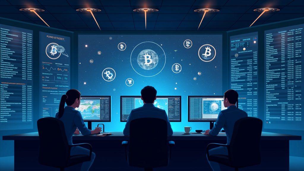 Semi-realistic crypto exchange control room with phantom BTC balances on screens and AI surveillance, signaling tightened oversight in Korea.