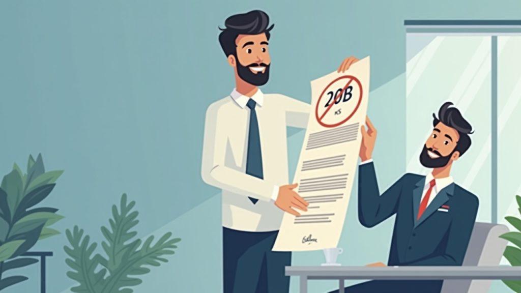 Confident executive holding a contract with 20B crossed out and 5B highlighted, newsroom backdrop.