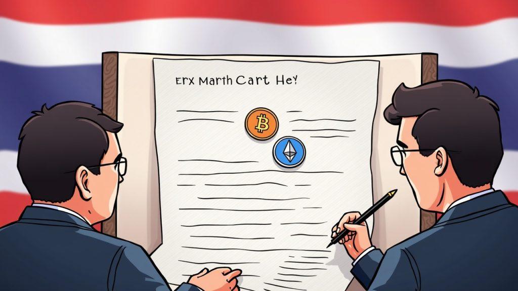 Semi-realistic illustration of BTC/ETH on a derivatives contract with Thai flag and officials reviewing crypto rules.