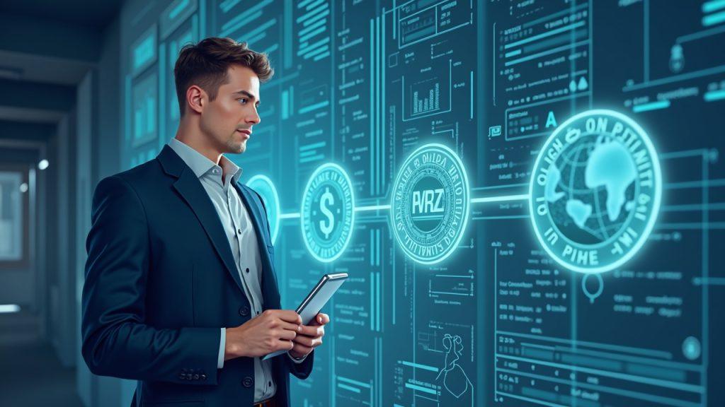 Professional in a suit beside a translucent on-chain ledger of tokenized assets and Treasuries, with an exchange hub behind.