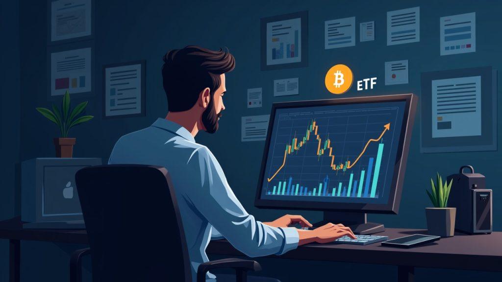 Semi-realistic illustration of a financial analyst reviewing a Bitcoin ETF chart with a downward trend and 13F data snippets.