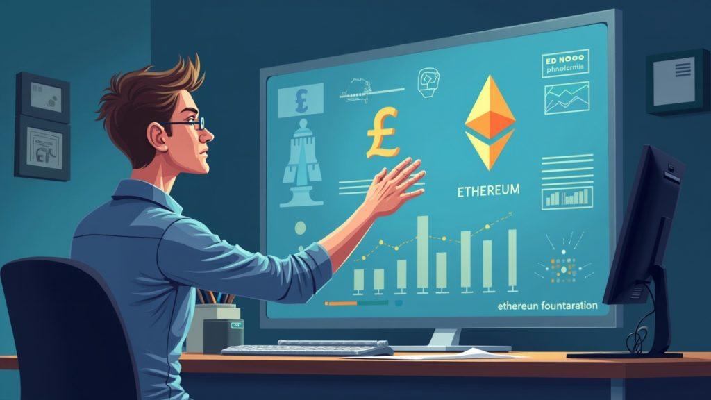 Semi-realistic illustration of Vitalik Buterin guiding ETH transfers to philanthropic funds and the Ethereum Foundation.