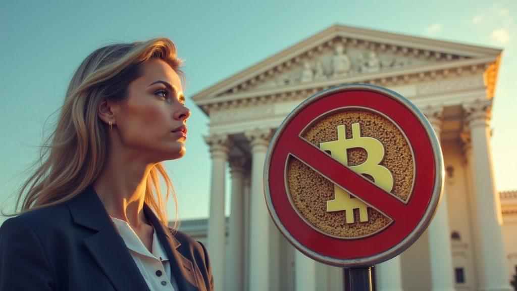 Stern female legislator before a federal building, crypto coin with red stop sign signaling no taxpayer bailouts.