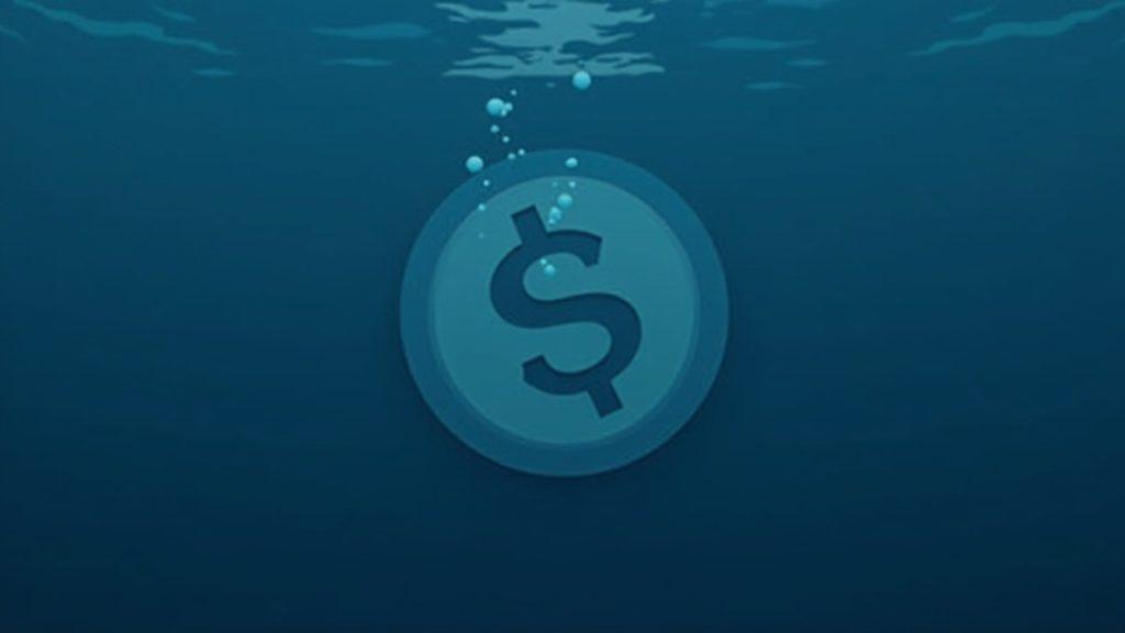 Semi-realistic crypto token sinks underwater as price heads toward 1.60 on dark blue background with a subtle ripple motif.