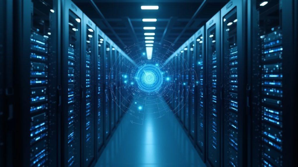 Semi-realistic data center with GPU racks and a holographic AI agent indicating hidden crypto mining during training.