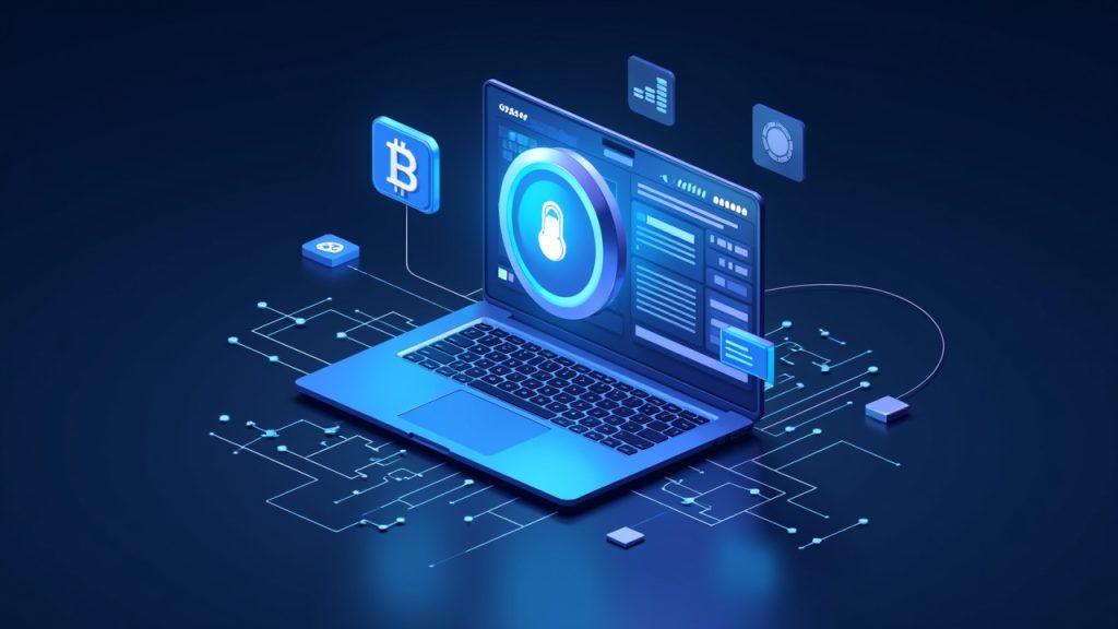Laptop connected to a blockchain ledger illustrating on-chain timestamps and cryptographic IDs for AI content provenance.