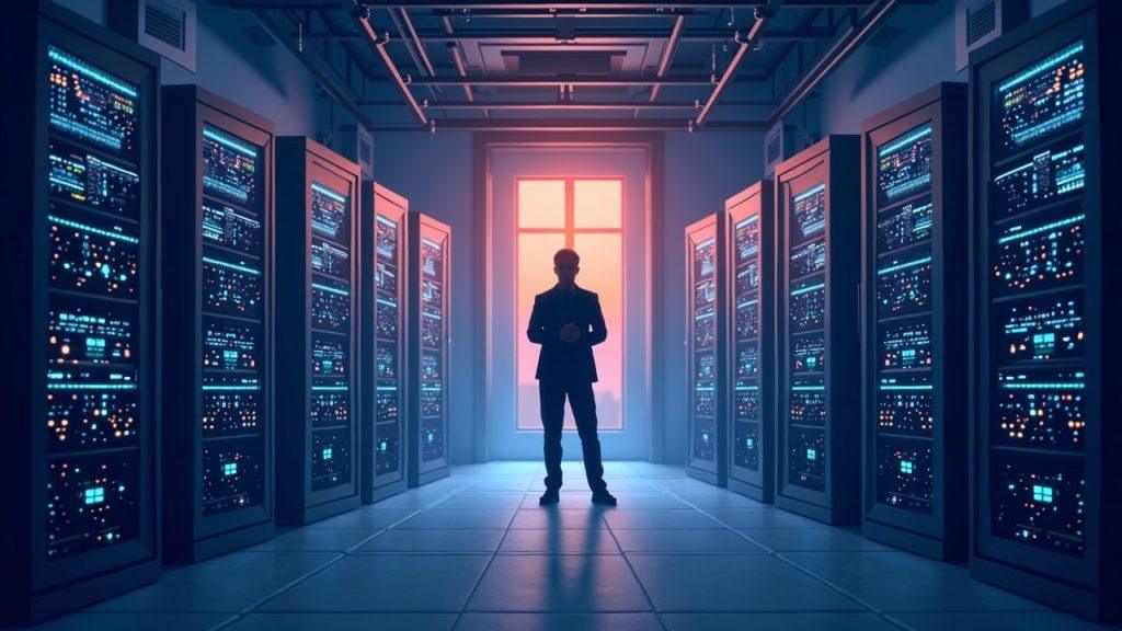 Semi-realistic data center scene blending AI compute servers with Bitcoin miners, an investor silhouette, and subtle legal motifs.