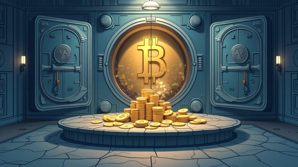 Semi-realistic Banque Syz board split over crypto, vault of 5,000 BTC, with Nasdaq and SIX listing routes in a Swiss banking setting.