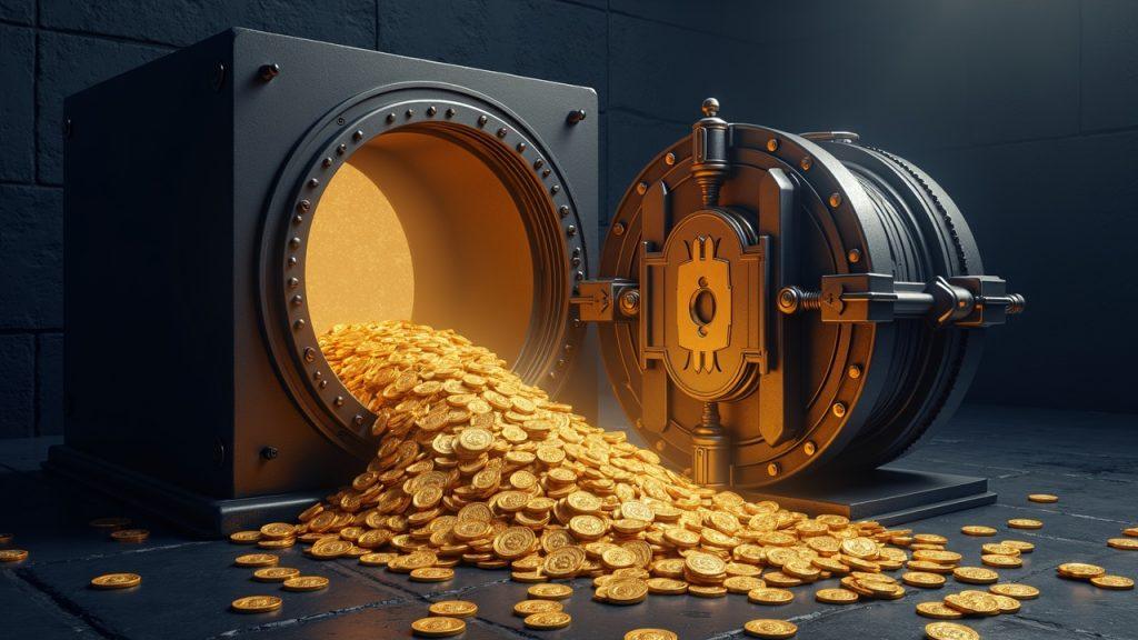Semi-realistic vault releasing large bitcoin batches into a centralized exchange gateway, symbolizing sovereign monetization.
