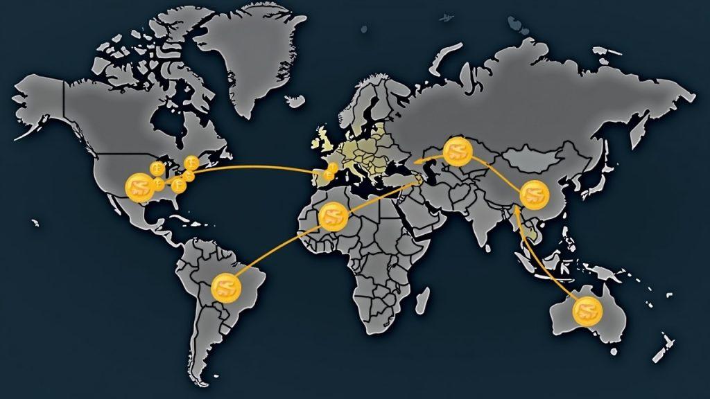 Semi-realistic Binance compliance scene with crypto flows through multiple intermediary wallets, not direct to Iran.
