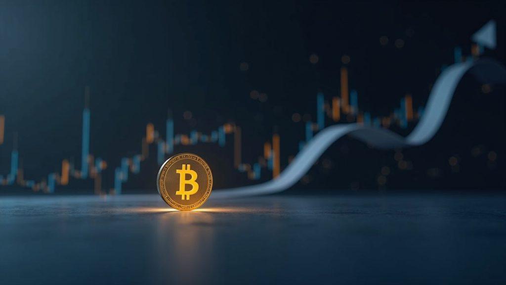 Semi-realistic Bitcoin coin at bottom of a curved cycle with faint on-chain indicators and newsroom lighting.