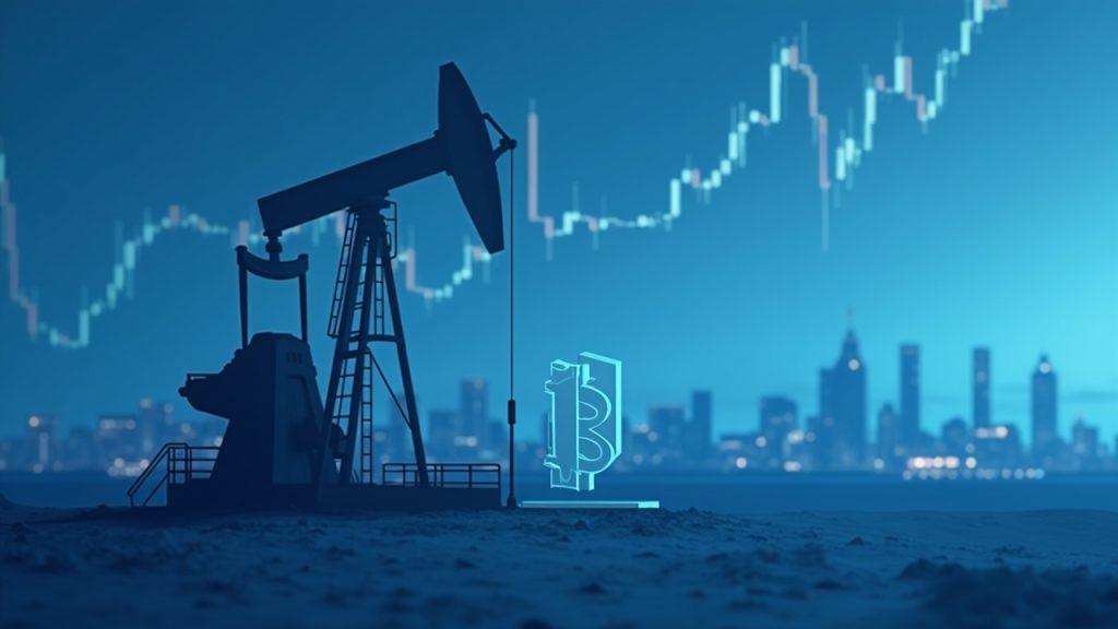 Semi-realistic illustration of Bitcoin rising over a calm oil-price chart in a blue-gray crypto-news style.
