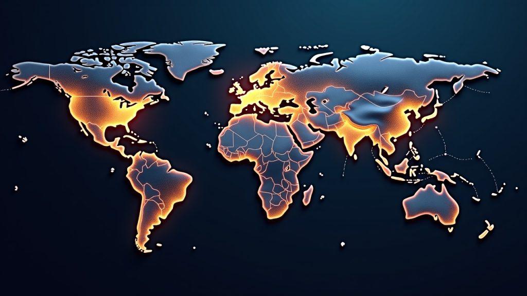 World map of Bitcoin nodes linked by undersea cables, highlighting hosting hubs, Tor arcs, and network resilience.