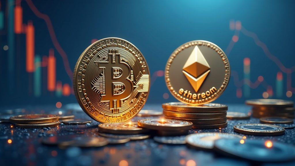 Semi-realistic illustration of Bitcoin and Ethereum icons with rising institutional inflows, highlighting spot-based ETFs.