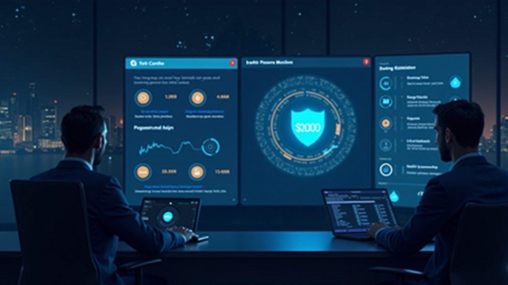 Realistic control-room scene of Bybit AI risk dashboard blocking $300M in fraudulent withdrawals with a shield icon.