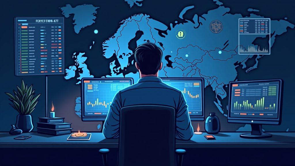 Semi-realistic European trading desk with crypto futures screens for BTC, ETH, SOL and equity indices, CySEC visible.